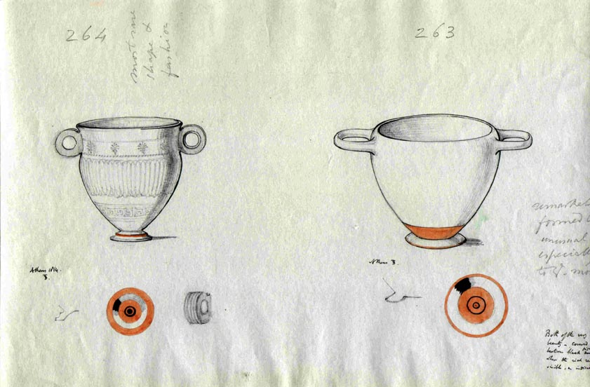 264 + 263 Sketch of two pots, one decorated